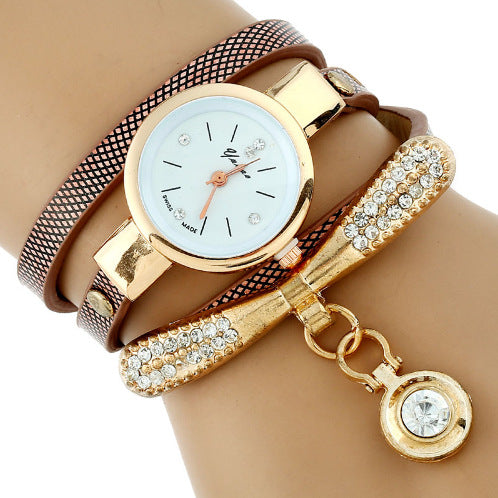 Rhinestone Gold Bracelet Watch Pu Leather