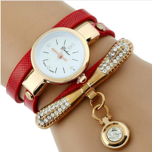 Rhinestone Gold Bracelet Watch Pu Leather