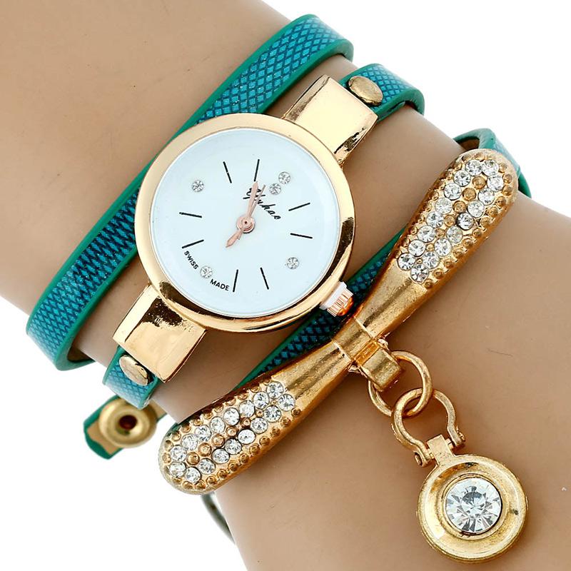 Rhinestone Gold Bracelet Watch Pu Leather
