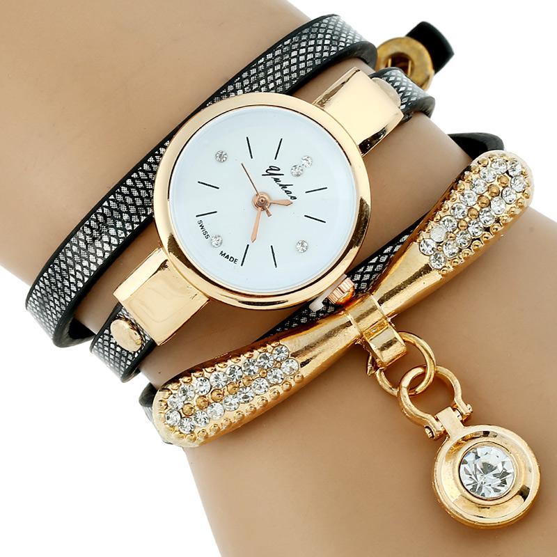 Rhinestone Gold Bracelet Watch Pu Leather