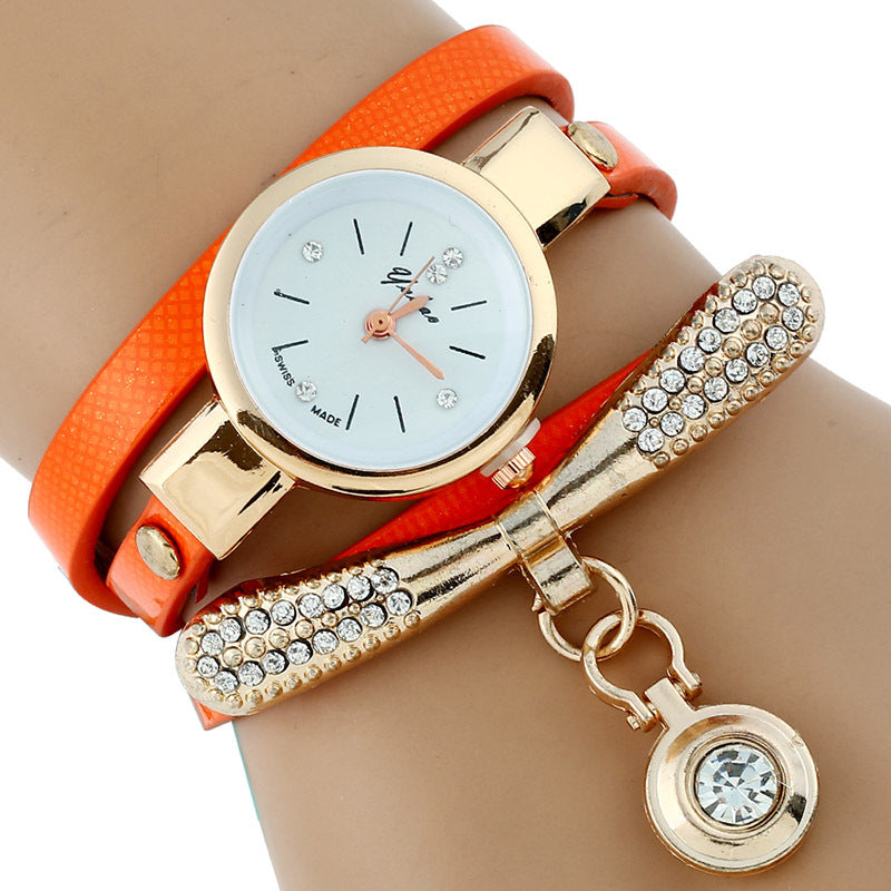 Rhinestone Gold Bracelet Watch Pu Leather