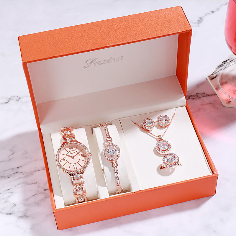 Women Quartz Watch Set Bracelet Necklace Ring Earrings Gift