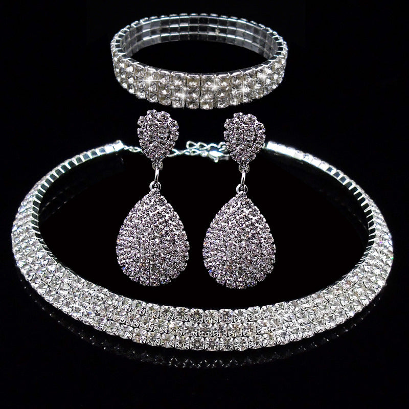 Full Rhinestone Multilayer Necklace Bracelet Drop Earring Set