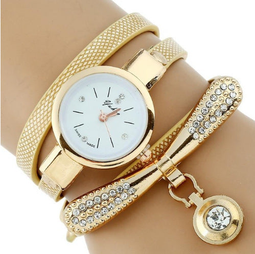 Rhinestone Gold Bracelet Watch Pu Leather